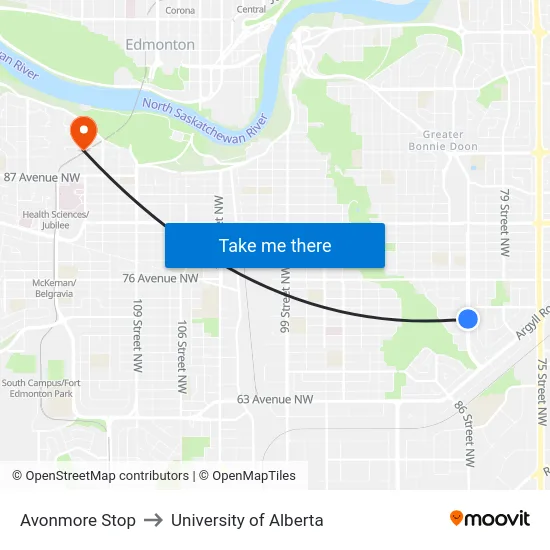 Avonmore Stop to University of Alberta map