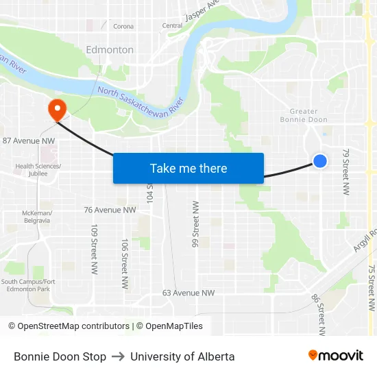 Bonnie Doon Stop to University of Alberta map