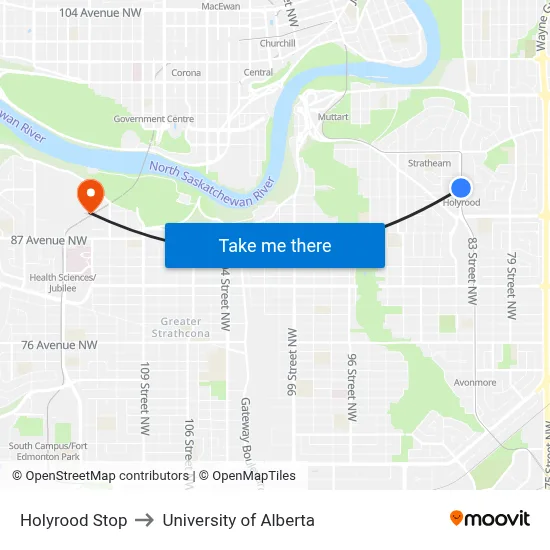 Holyrood Stop to University of Alberta map