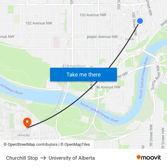 Churchill Stop to University of Alberta map