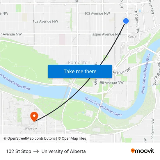 102 St Stop to University of Alberta map