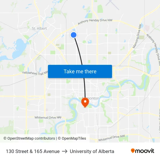 130 Street & 165 Avenue to University of Alberta map