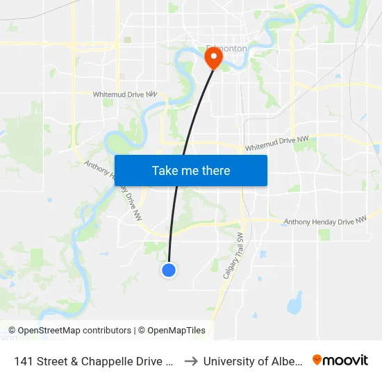 141 Street & Chappelle Drive SW to University of Alberta map