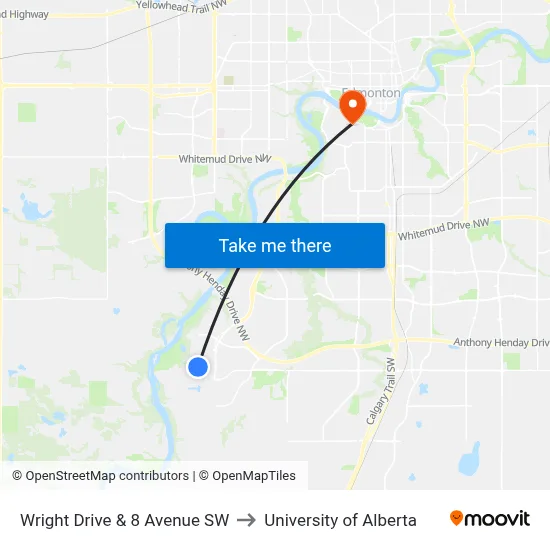 Wright Drive & 8 Avenue SW to University of Alberta map