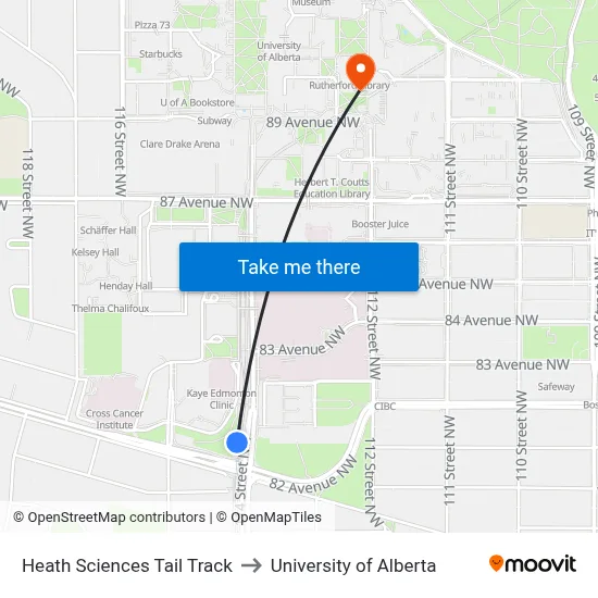 Heath Sciences Tail Track to University of Alberta map