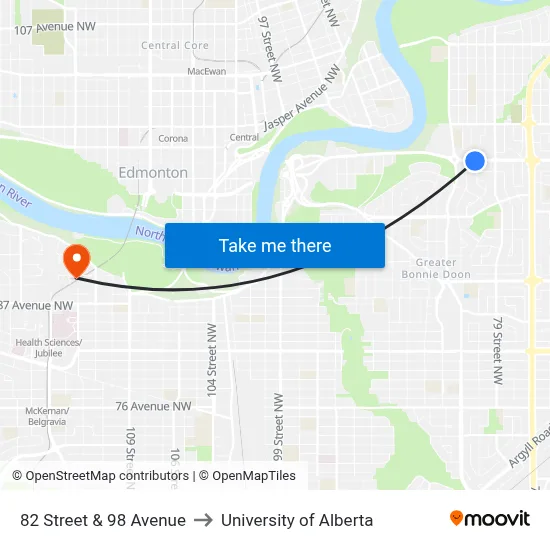 82 Street & 98 Avenue to University of Alberta map