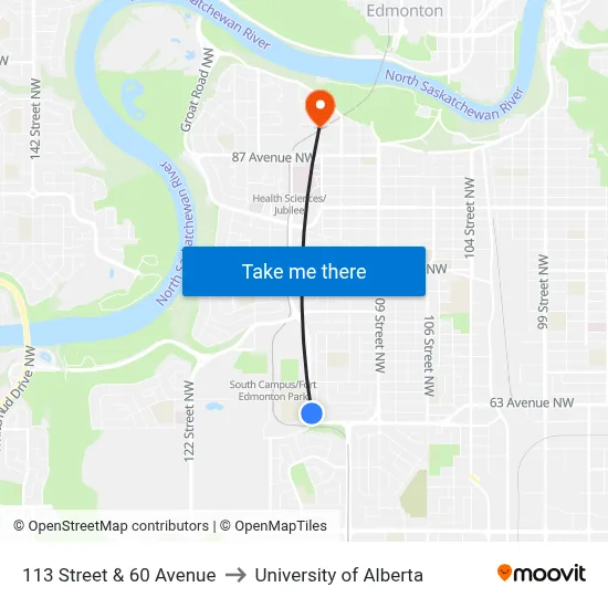113 Street & 60 Avenue to University of Alberta map