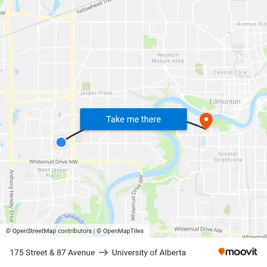 175 Street & 87 Avenue to University of Alberta map