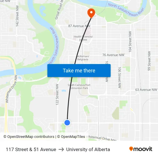 117 Street & 51 Avenue to University of Alberta map