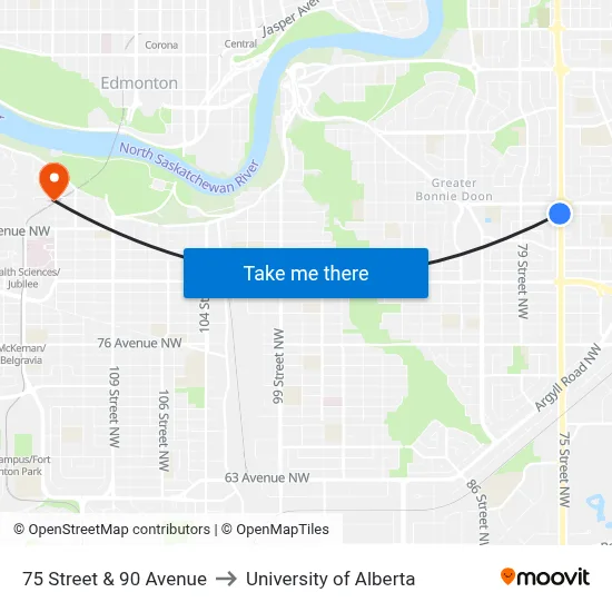 75 Street & 90 Avenue to University of Alberta map