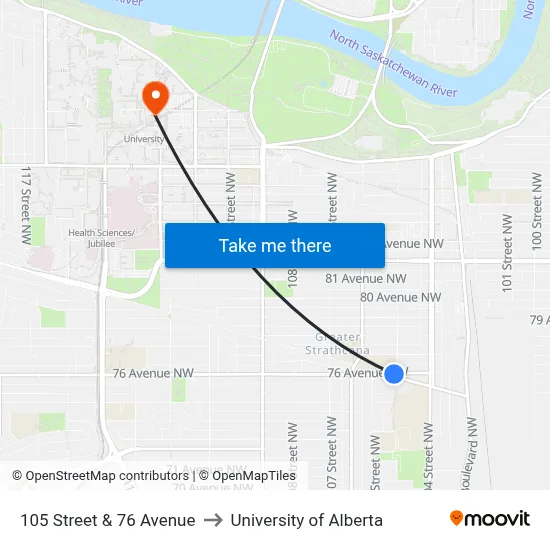 105 Street & 76 Avenue to University of Alberta map