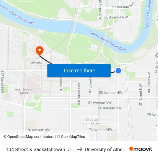 104 Street & Saskatchewan Drive to University of Alberta map