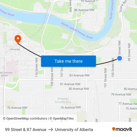 99 Street & 87 Avenue to University of Alberta map