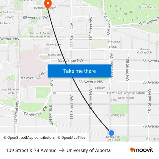 109 Street & 78 Avenue to University of Alberta map