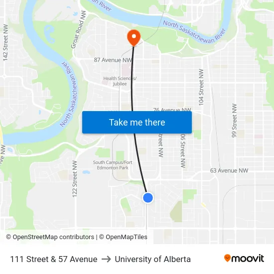 111 Street & 57 Avenue to University of Alberta map