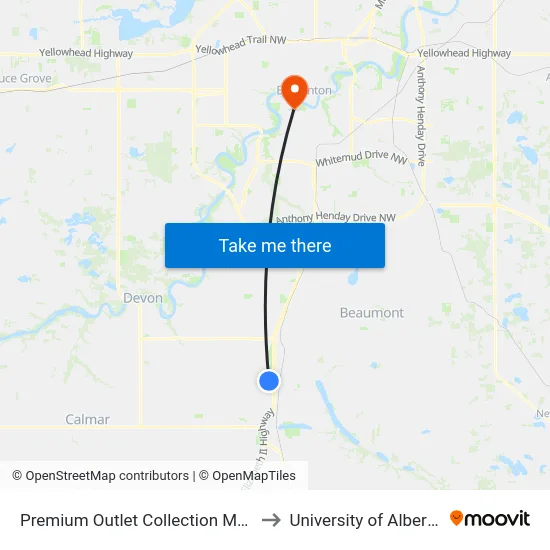 Premium Outlet Collection Mall to University of Alberta map