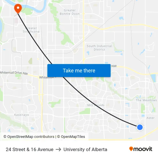 24 Street & 16 Avenue to University of Alberta map