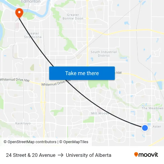 24 Street & 20 Avenue to University of Alberta map