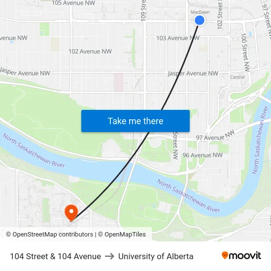 104 Street & 104 Avenue to University of Alberta map