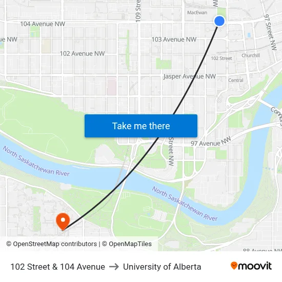 102 Street & 104 Avenue to University of Alberta map