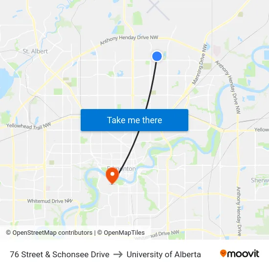 76 Street & Schonsee Drive to University of Alberta map