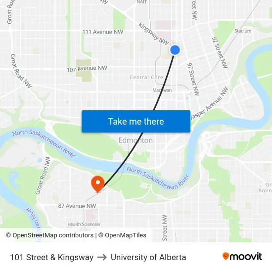 101 Street & Kingsway to University of Alberta map