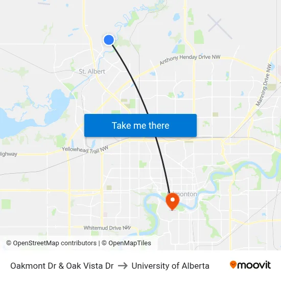 Oakmont Dr & Oak Vista Dr to University of Alberta map