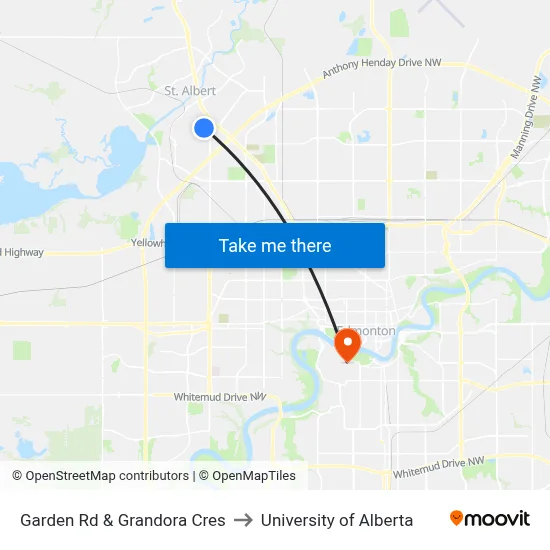 Garden Rd & Grandora Cres to University of Alberta map