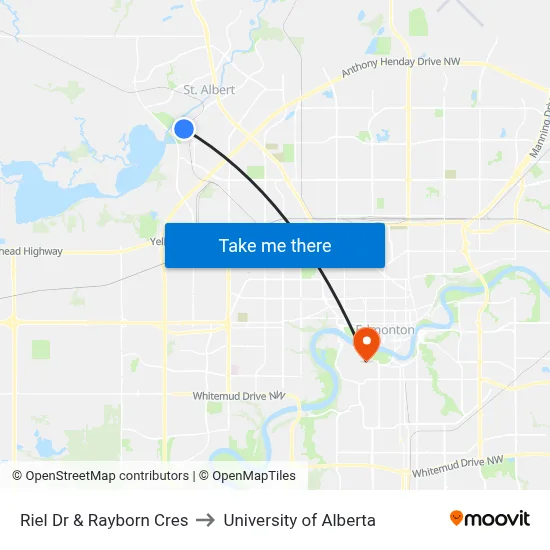 Riel Dr & Rayborn Cres to University of Alberta map