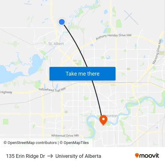 135 Erin Ridge Dr to University of Alberta map