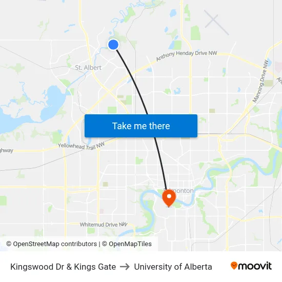 Kingswood Dr & Kings Gate to University of Alberta map