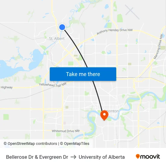 Bellerose Dr & Evergreen Dr to University of Alberta map