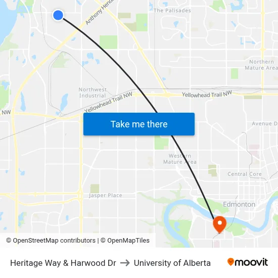 Heritage Way & Harwood Dr to University of Alberta map