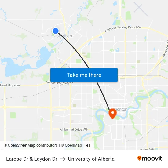 Larose Dr & Laydon Dr to University of Alberta map