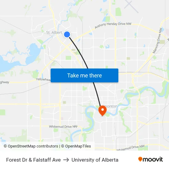 Forest Dr & Falstaff Ave to University of Alberta map