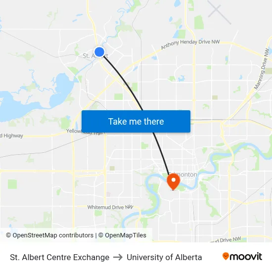 St. Albert Centre Exchange to University of Alberta map