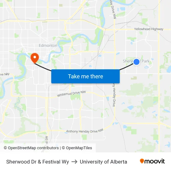 Sherwood Dr & Festival Wy to University of Alberta map