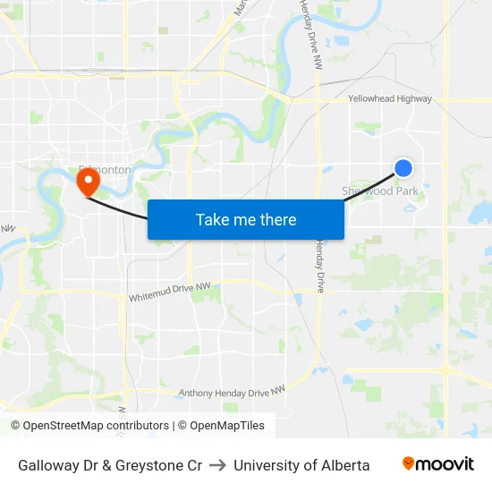 Galloway Dr & Greystone Cr to University of Alberta map