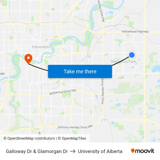 Galloway Dr & Glamorgan Dr to University of Alberta map