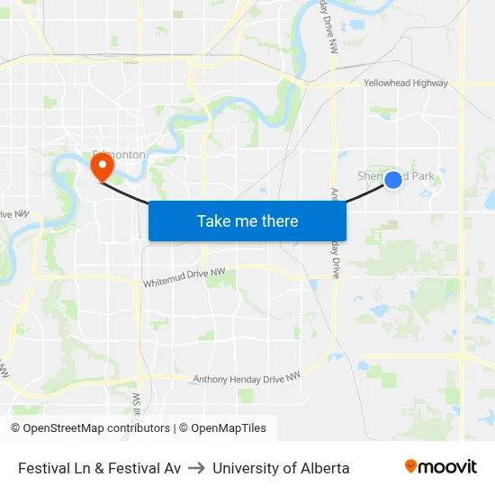 Festival Ln & Festival Av to University of Alberta map