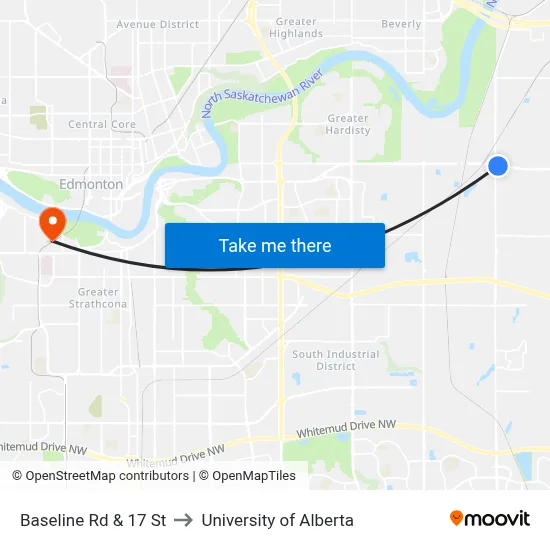 Baseline Rd & 17 St to University of Alberta map