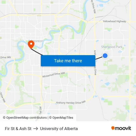 Fir St & Ash St to University of Alberta map