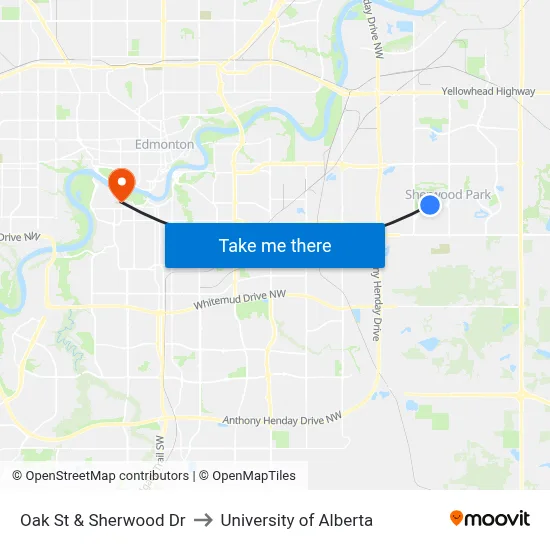 Oak St & Sherwood Dr to University of Alberta map