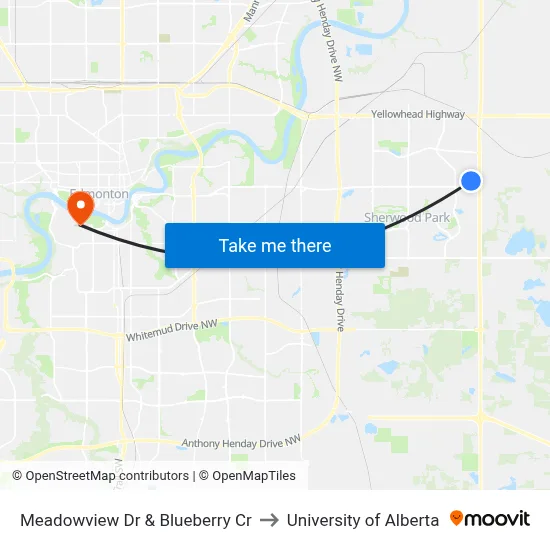 Meadowview Dr & Blueberry Cr to University of Alberta map