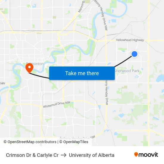 Crimson Dr & Carlyle Cr to University of Alberta map