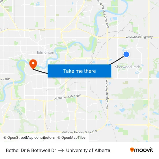 Bethel Dr & Bothwell Dr to University of Alberta map