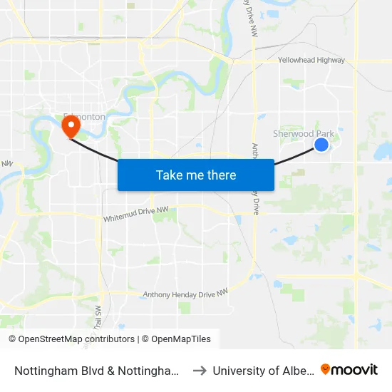 Nottingham Blvd & Nottingham Rd to University of Alberta map
