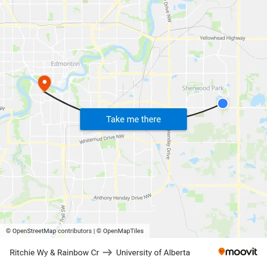 Ritchie Wy & Rainbow Cr to University of Alberta map