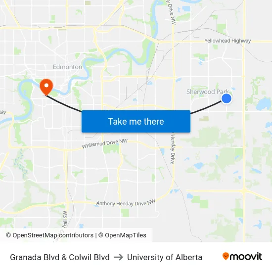 Granada Blvd & Colwil Blvd to University of Alberta map