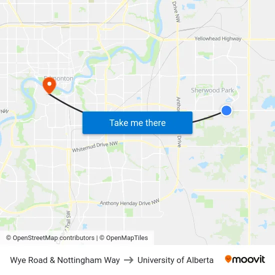 Wye Road & Nottingham Way to University of Alberta map